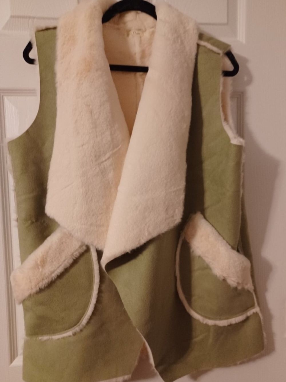 C Luna Faux Shearling Olive Green Vest with Cream Lining With Pockets